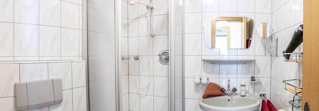 Badezimmer mit Dusche und WC - Ferienbauernhof Wendlshof - Längenfeld