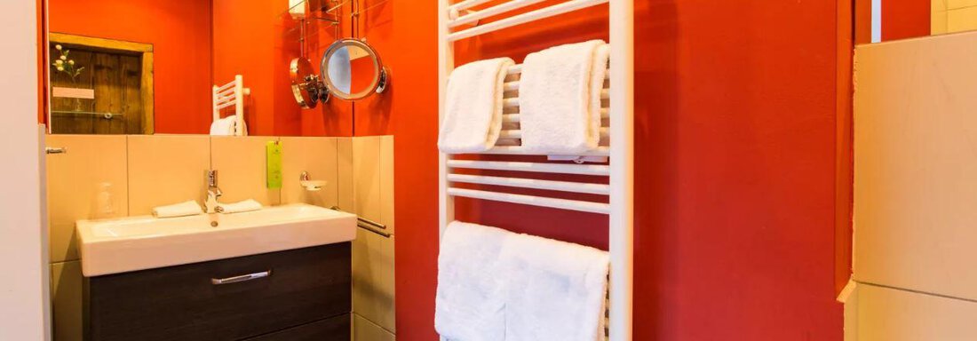 Doppelzimmer Rotes Wandl Badezimmer - Hotel Ritzlerhof****S - Sautens